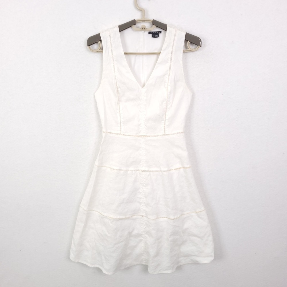Theory Jemion Dress 00 White Linen Blend Sleeveless V-Neck Tiered Lace Trim